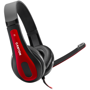 CANYON HSC-1, basic PC headset with microphone, combined 3.5mm plug, leather pads, Flat cable length 2.0m, 160*60*160mm, 0.13kg, Black-red