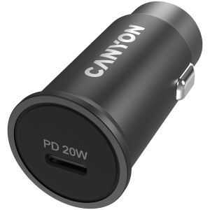 Canyon C-20, PD 20W Pocket size car charger, input: DC12V-24V, output: PD20W, support iPhone12 PD fast charging, Compliant with CE RoHs , Size: 50.6*23.4*23.4, 18g, Black