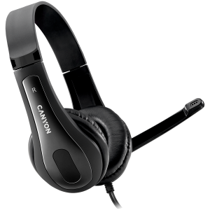 CANYON HSC-1, basic PC headset with microphone, combined 3.5mm plug, leather pads, Flat cable length 2.0m, 160*60*160mm, 0.13kg, Black