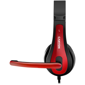 CANYON HSC-1, basic PC headset with microphone, combined 3.5mm plug, leather pads, Flat cable length 2.0m, 160*60*160mm, 0.13kg, Black-red
