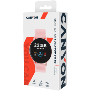 CANYON Lollypop SW-63, Smart watch, 1.3inches IPS full touch screen, Round watch, IP68 waterproof, multi-sport mode, BT5.0, compatibility with iOS and android, Pink, Host: 25.2*42.5*10.7mm, Strap: 20*250mm, 45g