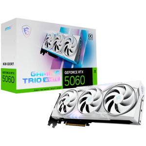 MSI Video Card NVIDIA GeForce RTX 5060 8G GAMING TRIO OC WHITE, 8GB GDDR7, 128-bit, 2640 MHz Boost, 3840 CUDA Cores, PCIe 5.0 (x8), 3x DP 2.1b, HDMI 2.1b, RAY TRACING, Triple Fan, 155W TDP, 8-pin PCIe Power, G-SYNC, 3Y
