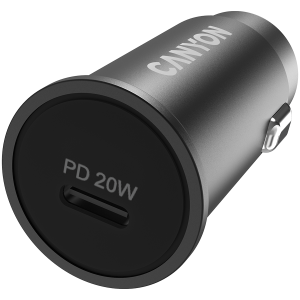 Canyon C-20, PD 20W Pocket size car charger, input: DC12V-24V, output: PD20W, support iPhone12 PD fast charging, Compliant with CE RoHs , Size: 50.6*23.4*23.4, 18g, Black