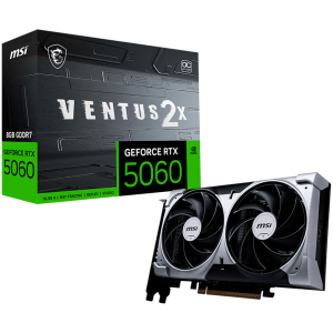 MSI Video Card NVIDIA GeForce RTX 5060 8G VENTUS 2X OC, 8GB GDDR7, 128-bit, 2535 MHz Boost, 3840 CUDA Cores, PCIe 5.0 (x8), 3x DP 2.1b, HDMI 2.1b, RAY TRACING, Dual Fan, 145W TDP, 8-pin PCIe Power, G-SYNC, 2-Slot, 3Y