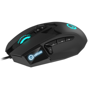 LORGAR Stricter 579, gaming mouse, 9 programmable buttons, Pixart PMW3336 sensor, DPI up to 12,000, 50 million clicks buttons lifespan, 2 switches, built-in display, 1.8m USB soft silicone cable, Matt UV coating with glossy parts and RGB lights with 4 LED