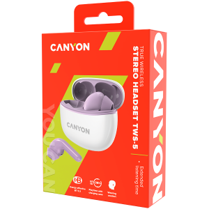 CANYON TWS-5, Bluetooth headset, with microphone, BT V5.3 JL 6983D4, Frequency Response:20Hz-20kHz, battery EarBud 40mAh*2+Charging Case 500mAh, type-C cable length 0.24m, size: 58.5*52.91*25.5 mm, 0.036kg, Purple
