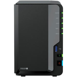 Synology DS225+, Tower, 2-bays 3.5'' SATA HDD/SSD, CPU Inte Celeron J4125 4-core (4-thread) 2.0 GHz, burst up to 2.7 GHz, 2 GB DDR4 non-ECC (expandable up to 6 GB), 1xRJ-45 1GbE LAN, 1xRJ-45 2.5 GbE LAN, 2xUSB 3.2 Gen 1, 1.3 kg, 3yr warranty