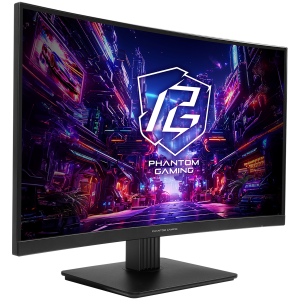 Asrock Curved Gaming Monitor, 27" QHD(2560x1440) VA, Anti-Glare, 180 Hz, 132% sRGB, 5000:1, 16:9, 300 cd/m², 178º/178º, 1ms (MPRT), AMD FreeSync, Flicker-free, Tilt, VESA, 2x 2W Speakers, 2x HDMI 2.0, 1x DP 1.4, 1x Audio Jack (3.5mm), 3Y