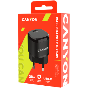 CANYON H-20-05, PD 20W Input: 100V-240V, Output: 1 port charge: USB-C:PD 20W (5V3A/9V2.22A/12V1.66A) , Eu plug, Over- Voltage ,  over-heated, over-current and short circuit protection Compliant with CE RoHs,ERP. Size: 68.5*29.2*29.4mm, 32.5g, Black