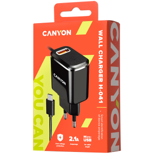 CANYON charger H-041 2.1A/USB-A built-in MicroUSB Black Silver