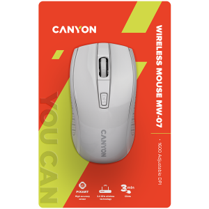 CANYON MW-7, 2.4Ghz wireless mouse, 6 buttons, DPI 800/1200/1600, with 1 AA battery ,size 110*60*37mm,58g,white