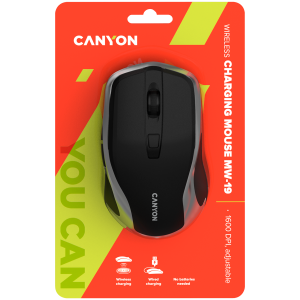 CANYON MW-19, 2.4GHz Wireless Rechargeable Mouse with Pixart sensor, 6keys, Silent switch for right/left keys, Add NTCDPI: 800/1200/1600, Max. usage 50 hours for one time fully charged, 300mAh Li-poly battery, Black - Silver, cable length 0.6m, 121*70*39m