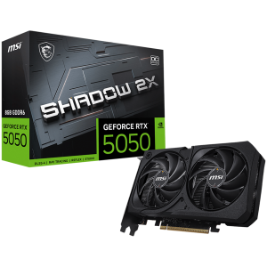 MSI Video Card NVIDIA GeForce RTX 5050 8G SHADOW 2X OC, 8GB GDDR6, 128-bit, 2602 MHz Boost, 2560 CUDA Cores, PCIe 5.0 (x8), 3x DP 2.1b, HDMI 2.1b, RAY TRACING, Dual Fan, 130W TDP, 8-pin PCIe Power, G-SYNC, 2-Slot, 3Y