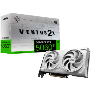 MSI Video Card NVIDIA GeForce RTX 5060 Ti 16G VENTUS 2X WHITE PLUS, 16GB GDDR7, 128-bit, 2587 MHz Boost, 4608 CUDA Cores, PCIe 5.0 (x8), 3x DP 2.1b, HDMI 2.1b, RAY TRACING, Dual Fan, 180W TDP, 8-pin PCIe Power, G-SYNC, 2-Slot, 3Y