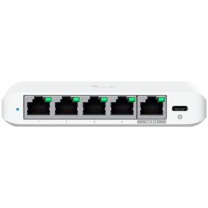 Ubiquiti 5-port 2.5G switch that can be powered with PoE or a USB-C adapter; 4x 2.5 GbE ports, 2.5 GbE PoE input port for power