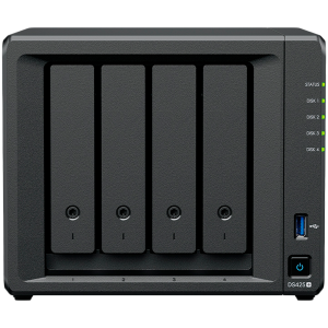 Synology DiskStation DS425+ Tower, 4-Bays 3.5'' SATA HDD/SSD, 2 x M.2 2280 NVMe SSD slot, CPU Intel Celeron J4125  4-core 2.0 GHz, 2 GB DDR4 non-ECC SODIMM, 1x RJ-45 2.5 GbE LAN, 1x RJ-45 1GbE LAN Port; 2x USB 3.2;  2.18 kg; 3yr warranty