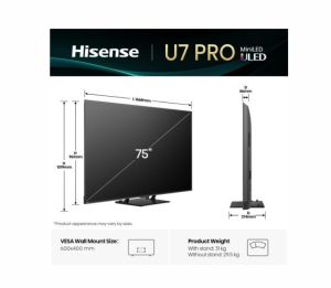 Телевизор Hisense 75"U7Q Pro, 4K Ultra HD 3840x2160, ULED, FALD, Quantum Dot, 165Hz, IPS, HDR 10+, HLG, Dolby Vision IQ, Dolby Atmos, Smart TV, WiFi 5GHz, WiFi Direct, BT, Anyview Cast,light sensor,Solar Powered Remote, 4xHDMI, 2xUSB, LAN, CI+, DVB-T2/C/S
