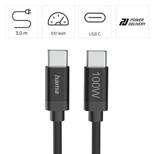 Hama Кабел за зареждане, "Fabric", USB-C - USB-C, 100 W, 3 m, Nylon, black
