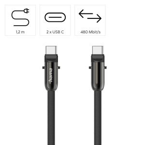 Hama Кабел за зареждане, USB-C, 2 в 1 с връзка за телефон, 1.2 m, черен