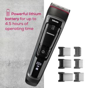 Машинка за подстригване Beurer MN5X hair clipper, 7 Attachments, 6 adjustable cutting lengths and 4-stage fine adjustment, LED display with battery display, Battery and mains operation, travel lock display and charge display, storage bag