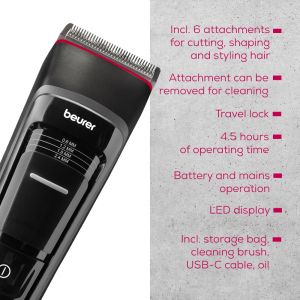 Машинка за подстригване Beurer MN5X hair clipper, 7 Attachments, 6 adjustable cutting lengths and 4-stage fine adjustment, LED display with battery display, Battery and mains operation, travel lock display and charge display, storage bag
