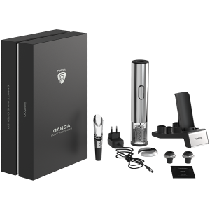 Prestigio Garda, smart wine opener, simple operation with 2 buttons, aerator, vacuum stopper preserver, foil cutter, opens up to 50 bottles wihout recharging, premium design, 500mAh battery, Dimensions D 17mm* H 290mm* W100 mm, silver color.