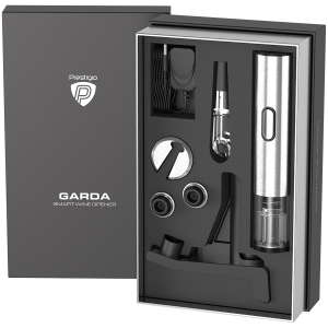 Prestigio Garda, smart wine opener, simple operation with 2 buttons, aerator, vacuum stopper preserver, foil cutter, opens up to 50 bottles wihout recharging, premium design, 500mAh battery, Dimensions D 17mm* H 290mm* W100 mm, silver color.
