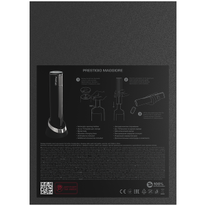 Prestigio Maggiore, smart wine opener, 100% automatic, opens up to 70 bottles without recharging, foil cutter included, premium design, 480mAh battery, Dimensions D 48*H228mm, black + silver color.
