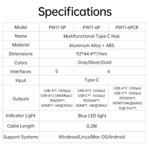 Orico докинг станция Docking Station Type-C - PW11-6P-GY-EP - HDMI x 1, USB-C x 1, USB3.0 x 3, USB-C PD100W x 1