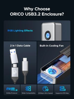 Orico Storage - Case - M.2 NVMe M key - USB-C/A, 20Gbps, Built-in Air Cooling, Aluminium - OUM2-G20-SV