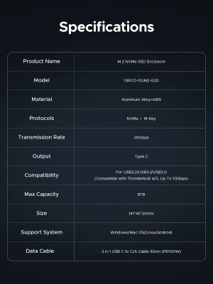 Orico Storage - Case - M.2 NVMe M key - USB-C/A, 20Gbps, Built-in Air Cooling, Aluminium - OUM2-G20-SV