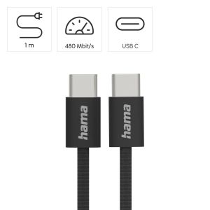 HAMA Кабел за зареждане "Fabric", USB-C - USB-C, 1 m, Nylon, черен