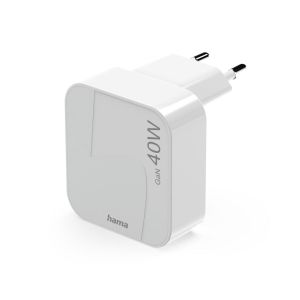 Hama Fast Charger, GaN, 2x USB-C, Folding Mini Charger, PD, 40 W, white