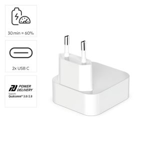 Hama Fast Charger, GaN, 2x USB-C, Folding Mini Charger, PD, 40 W, white