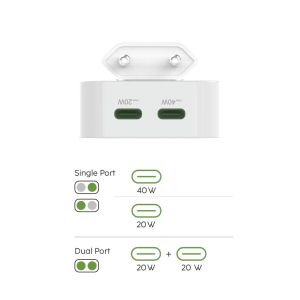 Hama Fast Charger, GaN, 2x USB-C, Folding Mini Charger, PD, 40 W, white
