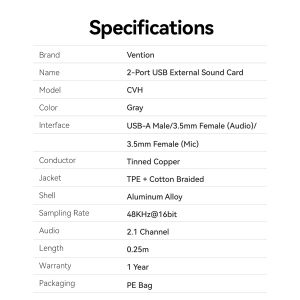 Vention USB Sound card 2-Port 0.25M Gray - CVHHC