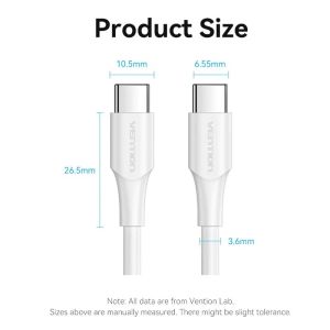 Vention Кабел USB 2.0 Type-C to Type-C - 1M White 3A Fast Charge - TAXWF