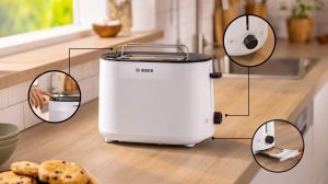Toaster Bosch TAT2M121, MyMoment Compact toaster, 950 W, Auto power off, Defrost and reheat setting, Integrated warming grid, High lift, White