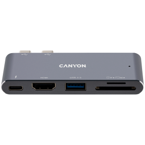 CANYON DS-5, Multiport Docking Station with 5 ports, with Thunderbolt 3 Dual type C male port, 1*Thunderbolt 3 female+1*HDMI+1*USB3.0+1*SD+1*TF. Input 100-240V, Output USB-C PD100W&USB-A 5V/1A, Aluminum alloy, Space gray, 90*41*11mm, 0.04kg