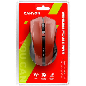 CANYON MW-5, 2.4GHz wireless Optical Mouse with 4 buttons, DPI 800/1200/1600, Red, 122*69*40mm, 0.067kg