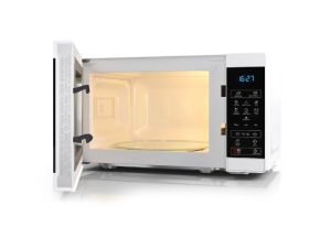 Microwave oven Sharp YC-MS02E-W, Fully Digital, Cavity Material -steel, 20l, 800 W, LED Display Blue, Timer & Clock function, Child lock, Silver/Black door, Defrost, Cabinet Colour: White