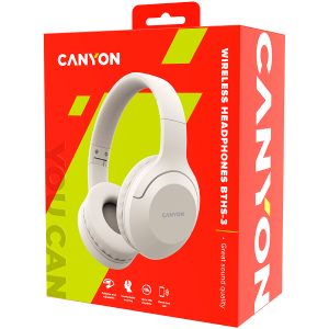 CANYON BTHS-3, Bluetooth headset,with microphone, BT V5.1 JL6956, battery 300mAh, Type-C charging plug, PU material, size:168*190*78mm, charging cable 30cm and audio cable 100cm, Beige