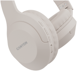 CANYON BTHS-3, Bluetooth headset,with microphone, BT V5.1 JL6956, battery 300mAh, Type-C charging plug, PU material, size:168*190*78mm, charging cable 30cm and audio cable 100cm, Beige