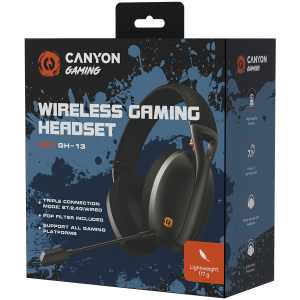 CANYON Ego GH-13, Căști Gaming BT, +suport virtual 7.1 în modul 2.4G, cu chipset BK3288X, versiunea BT 5.2, cablu 1.8M, dimensiune: 198x184x79mm, Negru