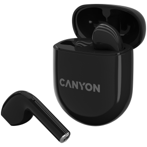 CANYON TWS-6, Bluetooth headset, with microphone, BT V5.3 JL 6976D4, Frequency Response:20Hz-20kHz, battery EarBud 30mAh*2+Charging Case 400mAh, type-C cable length 0.24m, Size: 64*48*26mm , 0.040kg, Black