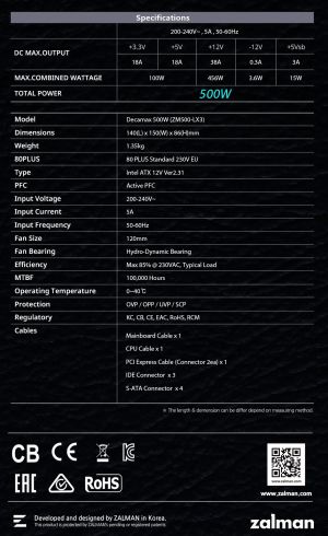 Zalman PSU DecaMax 500W 80+ ZM500-LX3