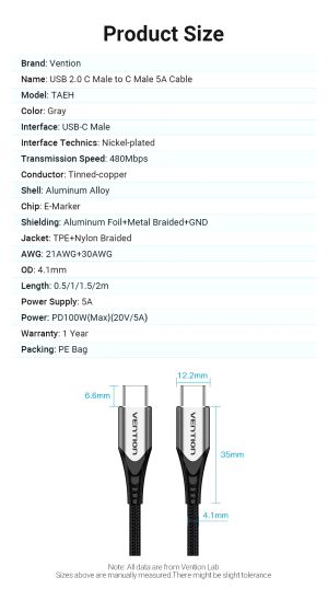 Vention USB 2.0 Type-C to Type-C - 2.0M Black 5A Fast Charge - TAEHH