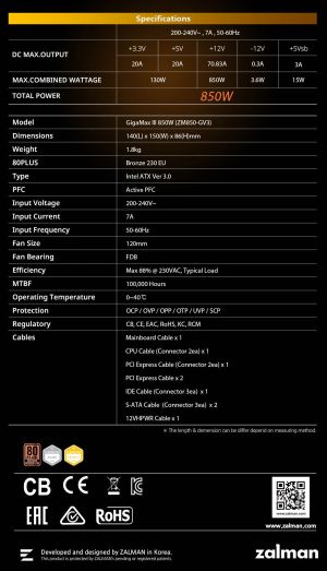 Alimentator Zalman GigaMax III ATX 3.0 850W Bronz - ZM850-GV3