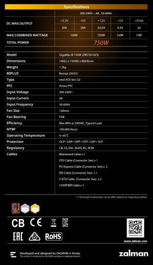 Zalman PSU GigaMax III ATX 3.0 750W Bronze - ZM750-GV3