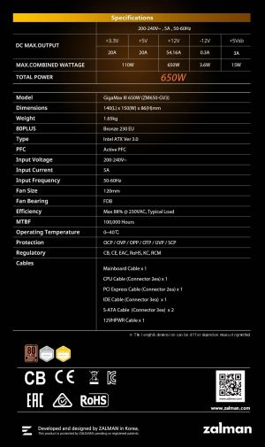 Zalman PSU GigaMax III ATX 3.0 650W Bronze - ZM650-GV3